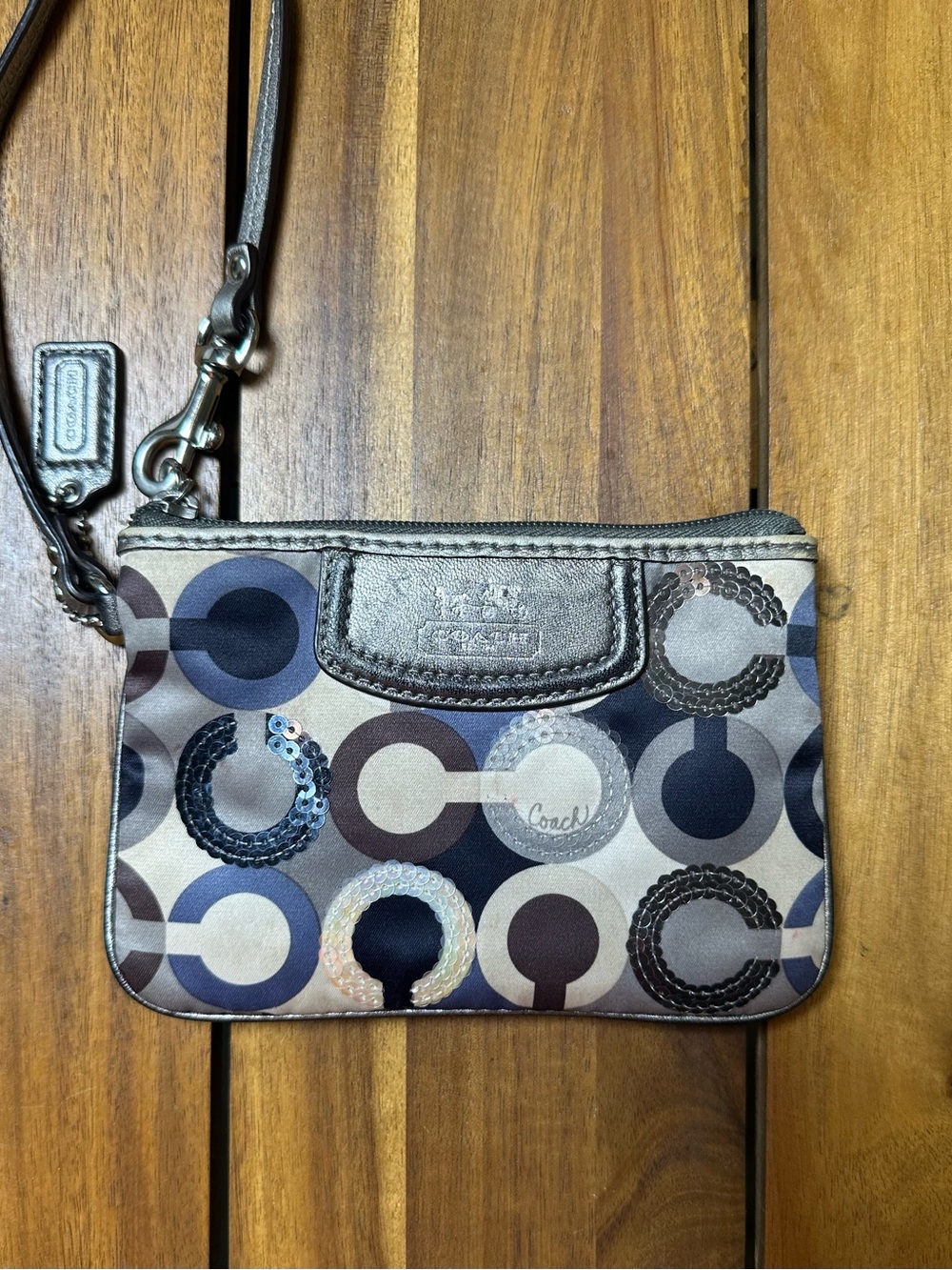 Coach Sequin 'C' Pattern Wristlet in Navy, Silver, Brown